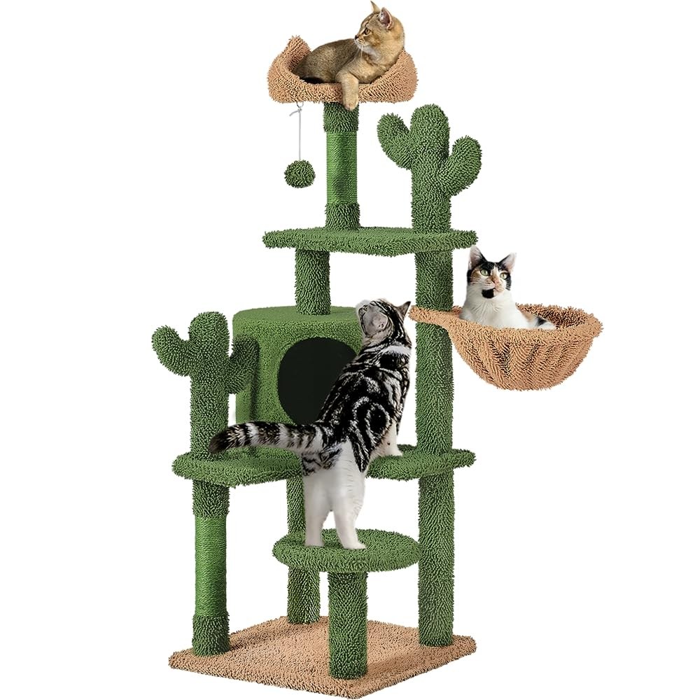 Yaheetech Tiragraffi Cactus per Gatti Altezza 135 cm Albero con Trespolo Piattaforma Cesto Casetta Scalaetta Pompon Gioco Giocattolo Verde e Marrone