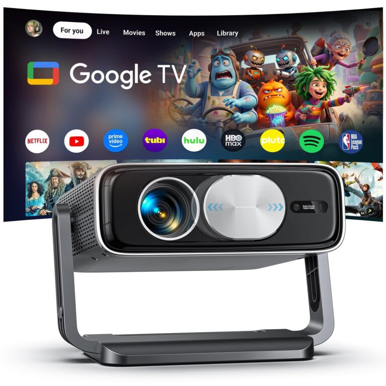 Proiettore 4K【Google TV,3000ANSI,360°Rotazione】Autofocus e Correzione Trapezoidale 6D, Wi‑Fi 6 e Bluetooth 5.2, Proiettore Portatile con Controllo Vocale, Home Theater, Proiezione…