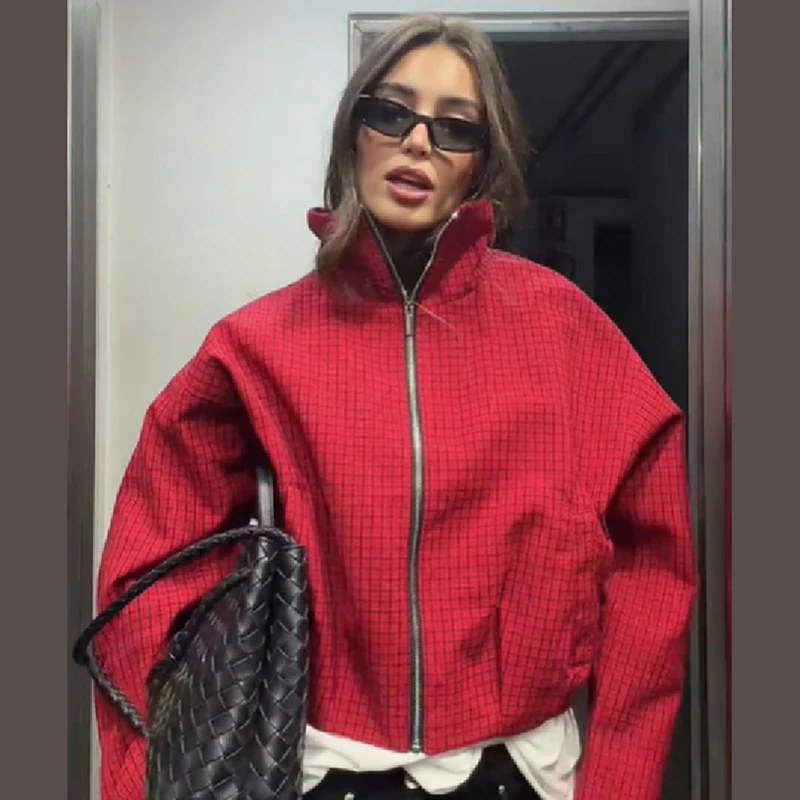 Giacca Corta da Donna a Micro Rete, Oversize, Maniche a Pipistrello, Manica Lunga, con Zip, Collo Alto, Abbigliamento Casual da Strada, Giacca Corta e Ampia