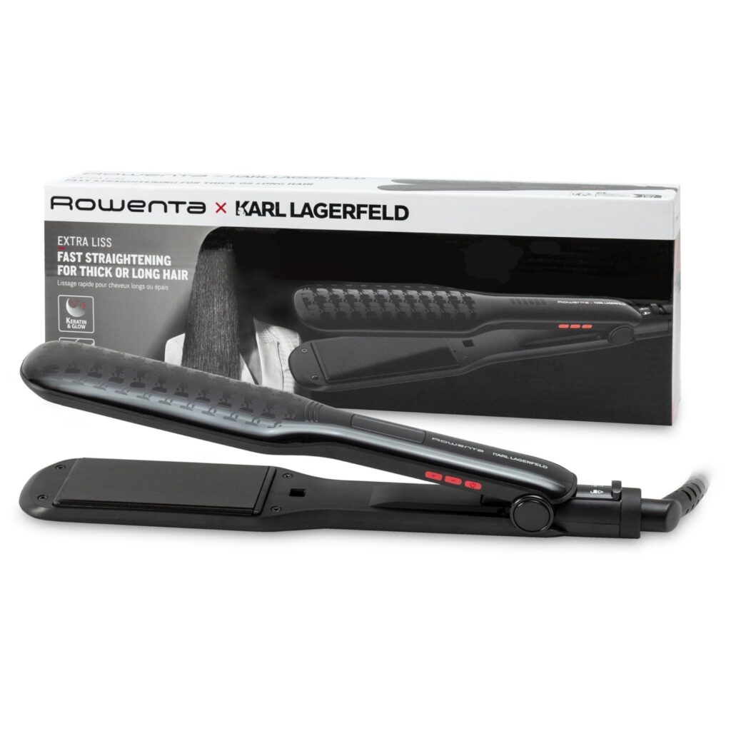 Rowenta x KARL LAGERFELD SF411L Extra Liss Piastra per Capelli, Superficie Larga, 6 Temperature, Riscaldamento Rapido, Rivestimento in Cheratina, Nero
