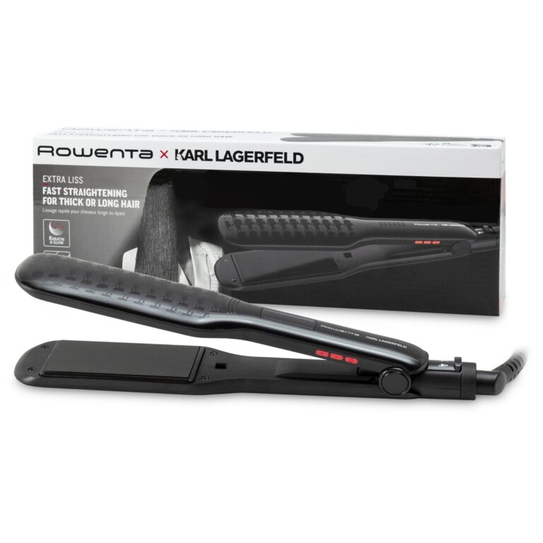 Rowenta x KARL LAGERFELD SF411L Extra Liss Piastra per Capelli, Superficie Larga, 6 Temperature, Riscaldamento Rapido, Rivestimento in Cheratina, Nero
