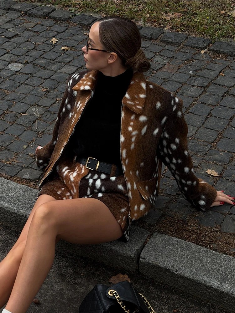 Set gonna a pois con motivo cervo in pelliccia sintetica alla moda, giacca calda con stampa animalier, risvolto e cerniera, vita alta, stile retrò, abbinamento autunno inverno