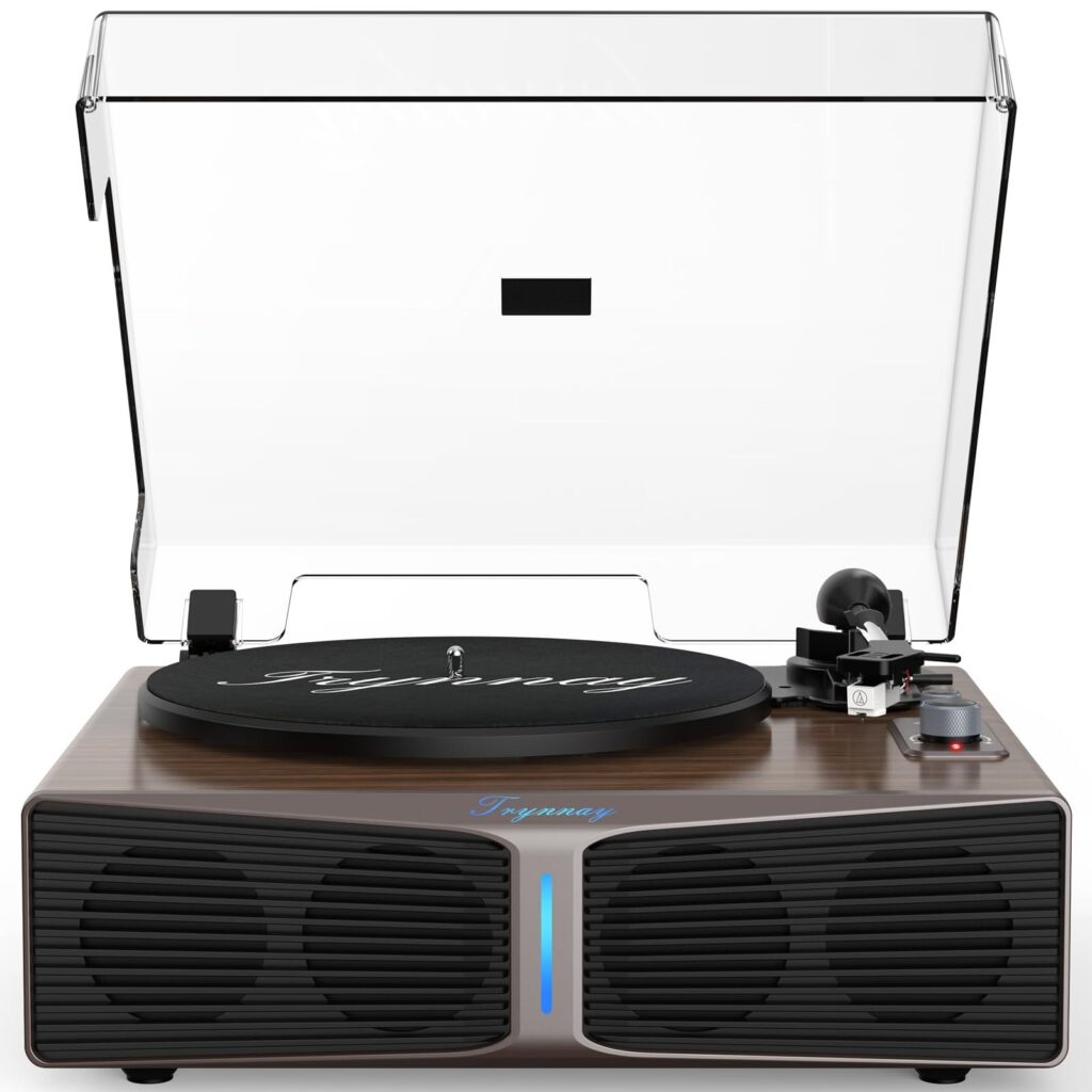 Giradischi con altoparlanti, giradischi Bluetooth con altoparlanti integrati, contrappeso regolabile, AT-3600L, 33/45 giri, barra luminosa a luminosità regolabile, Marrone