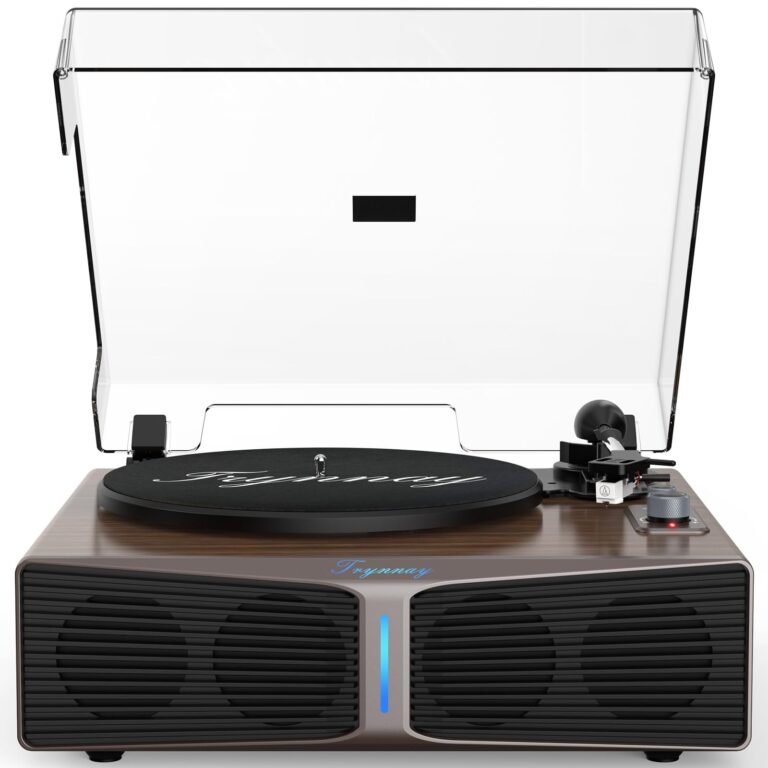 Giradischi con altoparlanti, giradischi Bluetooth con altoparlanti integrati, contrappeso regolabile, AT-3600L, 33/45 giri, barra luminosa a luminosità regolabile, Marrone