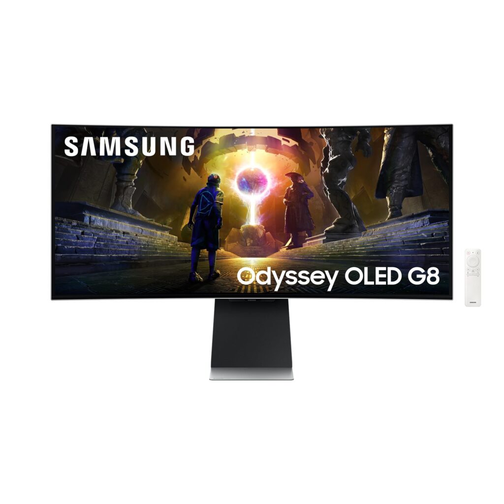Samsung Monitor Gaming Odyssey OLED G8 (S34DG850), Curvo (1800R), 34'', 3440x1440 (WQHD), 21:9, HDR10+, QD-OLED Glare Free, 175Hz, 0,03ms (GtG), Compatibilità G-Sync, HDMI, USB, D…