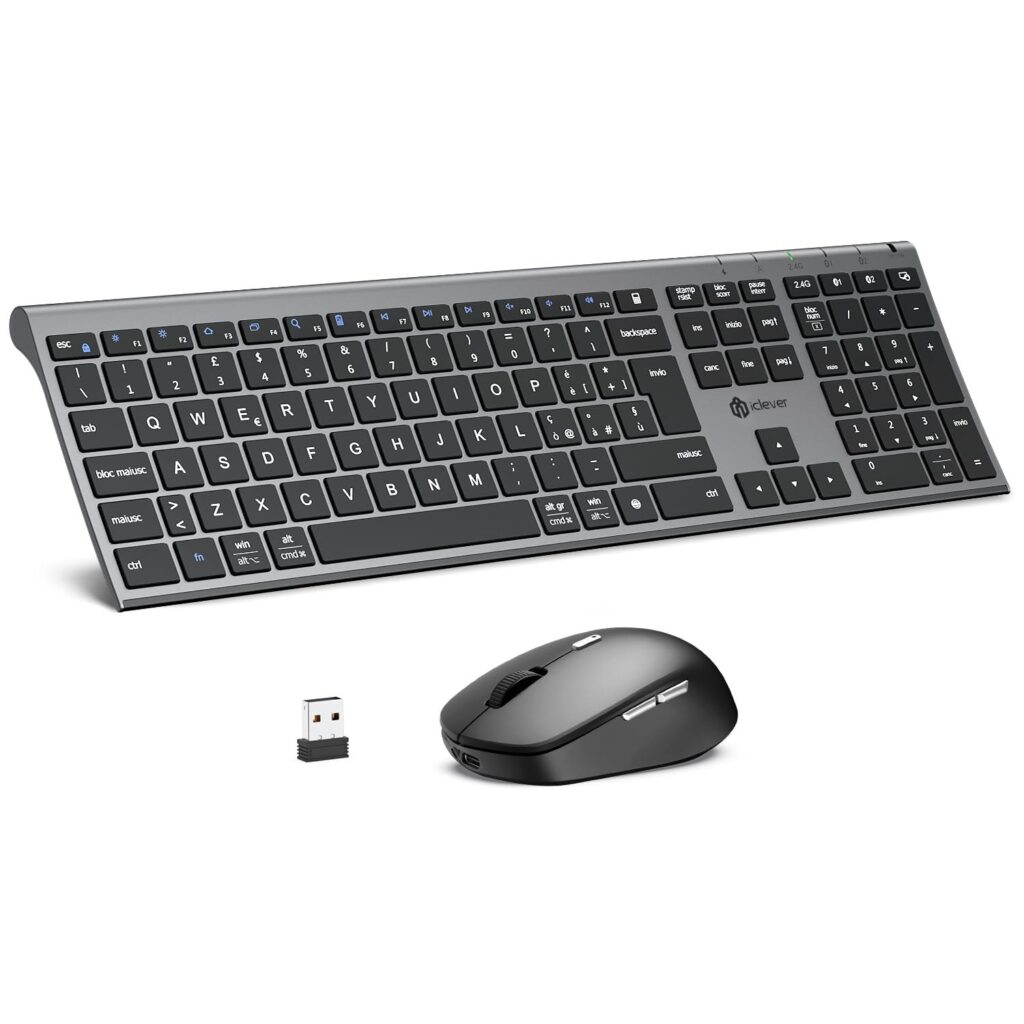 iClever Tastiera e Mouse Wireless Bluetooth, Tastiera e Mouse Doppia Modalità (Bluetooth + 2.4G) Ricaricabile, Layout Italiano QWERTY, Silenziosa for Mac, iPad, PC, Laptop, Deskto…