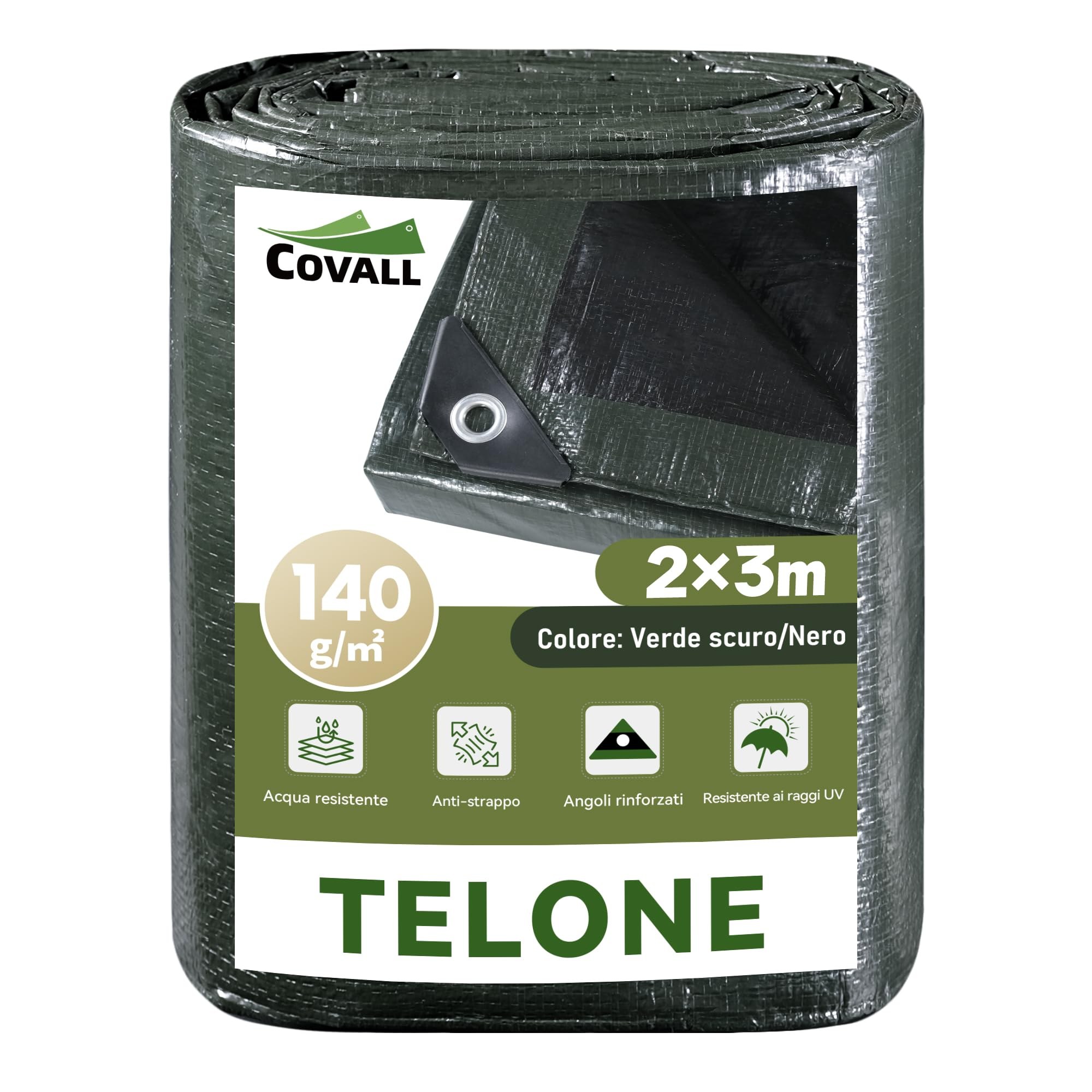 COVALL telo impermeabile resistente rinforzato 2mx3m,140g/㎡ plastica telone | Resistente UV e strappo, occhielli rinforzati, multiuso per camion, auto, giardino, tetto, campeggio…
