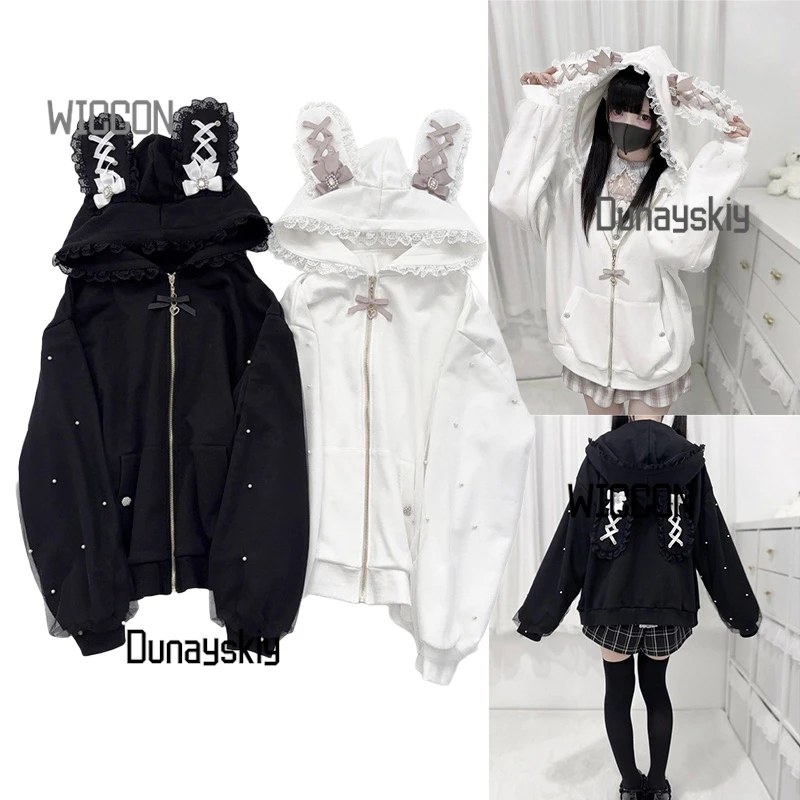 Jirai Kei Felpa con cappuccio coniglietto giapponese Y2K Orecchio di coniglio Costumi Cosplay Lolita Giacca Arco Perla JK Pizzo Kawaii Cardigan con cerniera Top