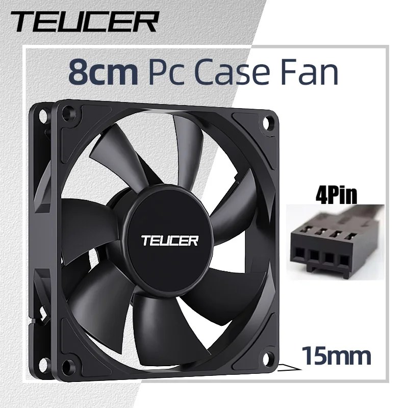 Teucer UT-8015 Ventola per telaio da 8 cm Sottile 15 mm Spessore 12 V/4 pin PWM Cuscinetto idraulico 1200-3000 giri/min Ventola di raffreddamento per case del PC
