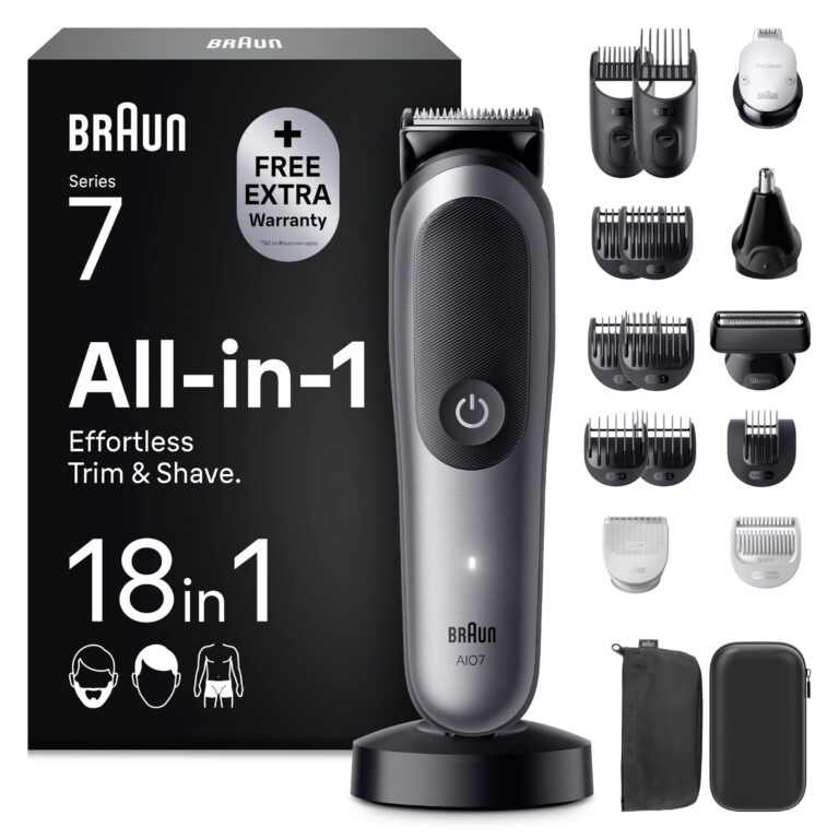 Braun Rasoio Elettrico Barba e Capelli Serie 7, Accessori AIO7585 Grigio | Rifinitore All-in-One 18in1, Lama Problade, Rasoio Elettrico Corpo Uomo, Peli Naso, Impermeabile Ricaric…