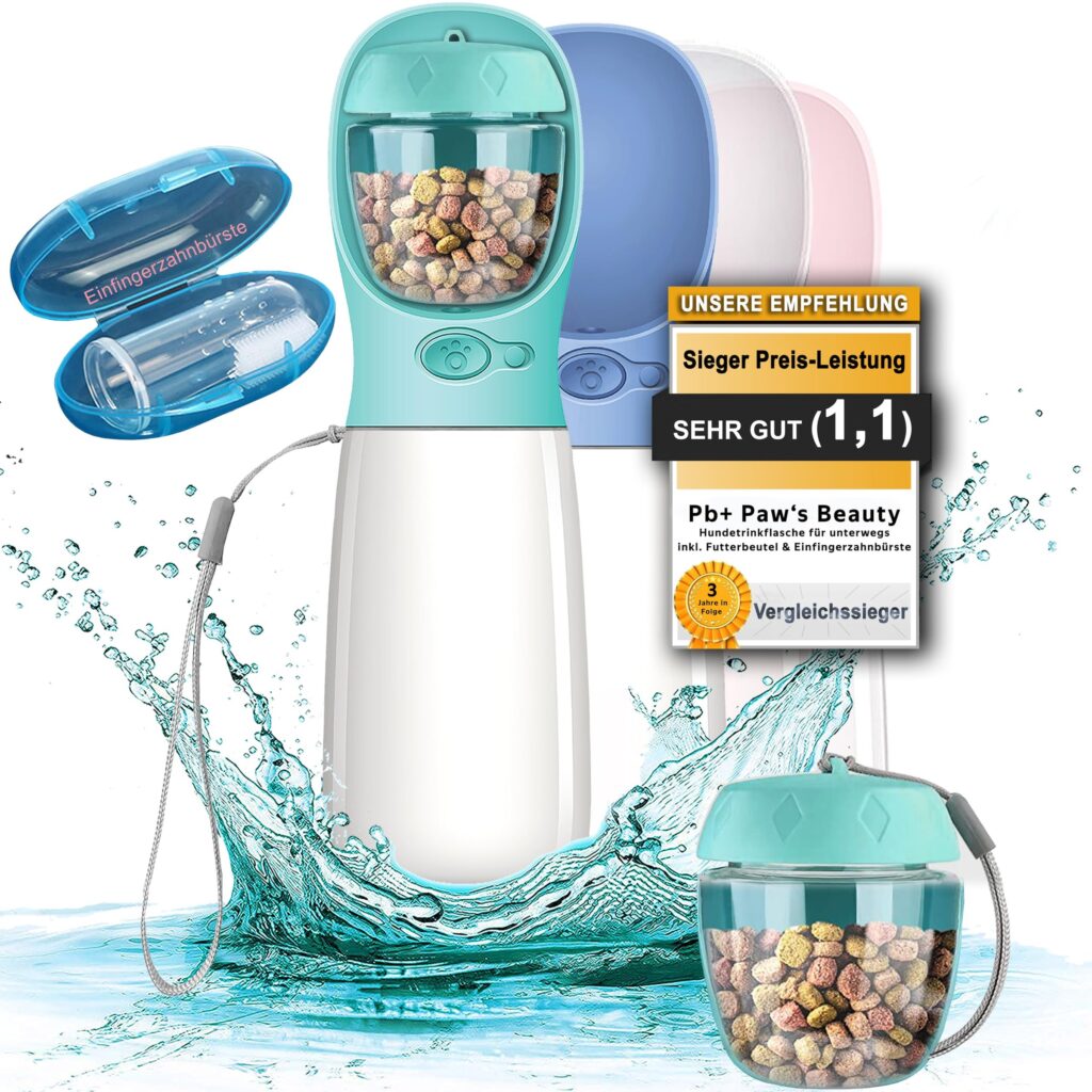 Paws Elegance Lavabile in Lavastoviglie e a Prova di Perdite Borraccia Cane Portatile da 550 ml per il Viaggio | Incluso Contenitore per il Cibo e Spazzolino da Denti | Premium Be…