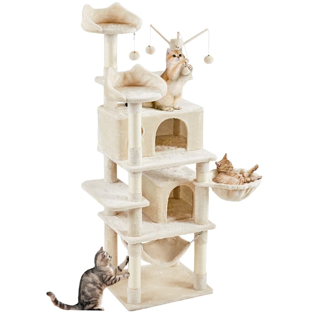 Yaheetech Albero Tiragraffi per Gatti Cuccia per Gatti con Torre Posatoio Palla da Gioco Condomini Alto 170 cm Beige