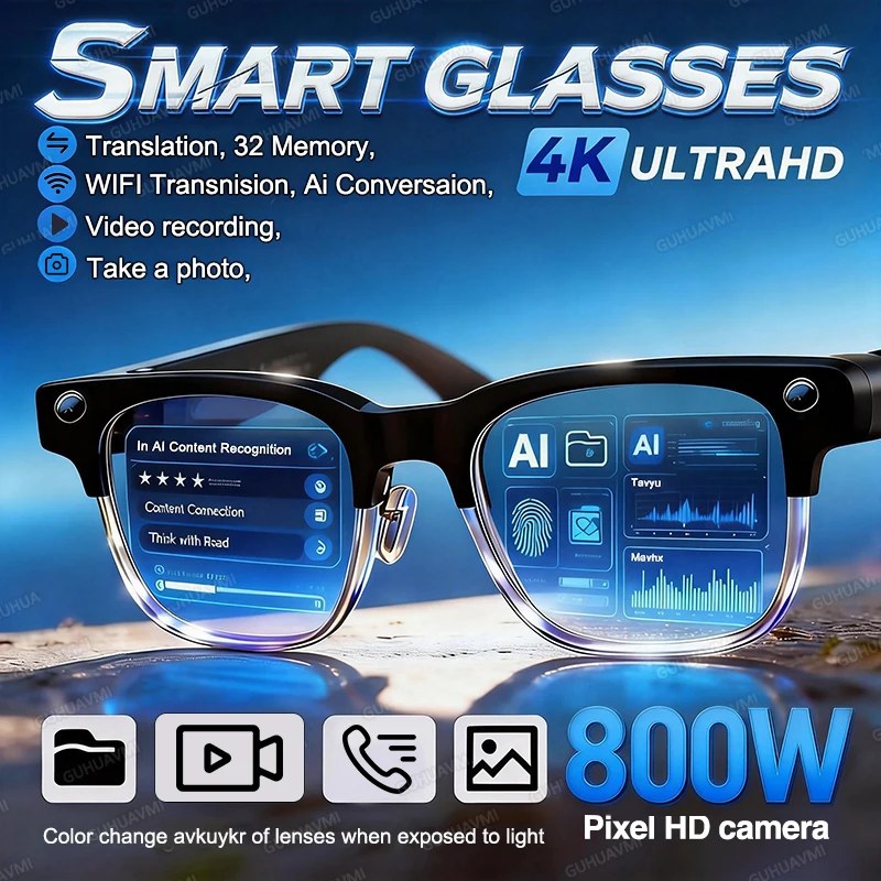 Nuovi Occhiali Intelligenti 2026 con Fotocamera da 800W, Registrazione Video, Riconoscimento Foto AI, Chiamate Bluetooth, Traduzione Vocale, Occhiali da Sole per Uomo