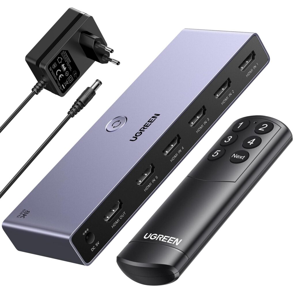 UGREEN 8K 60Hz Switch HDMI 2.1 5 Ingressi 1 Uscita 4K 240Hz HDCP 2.3 | Interruttore Adattatore di Alimentazione con Telecomando Compatibile con PS5/4 Xbox Nintendo Switch DVD Appl…
