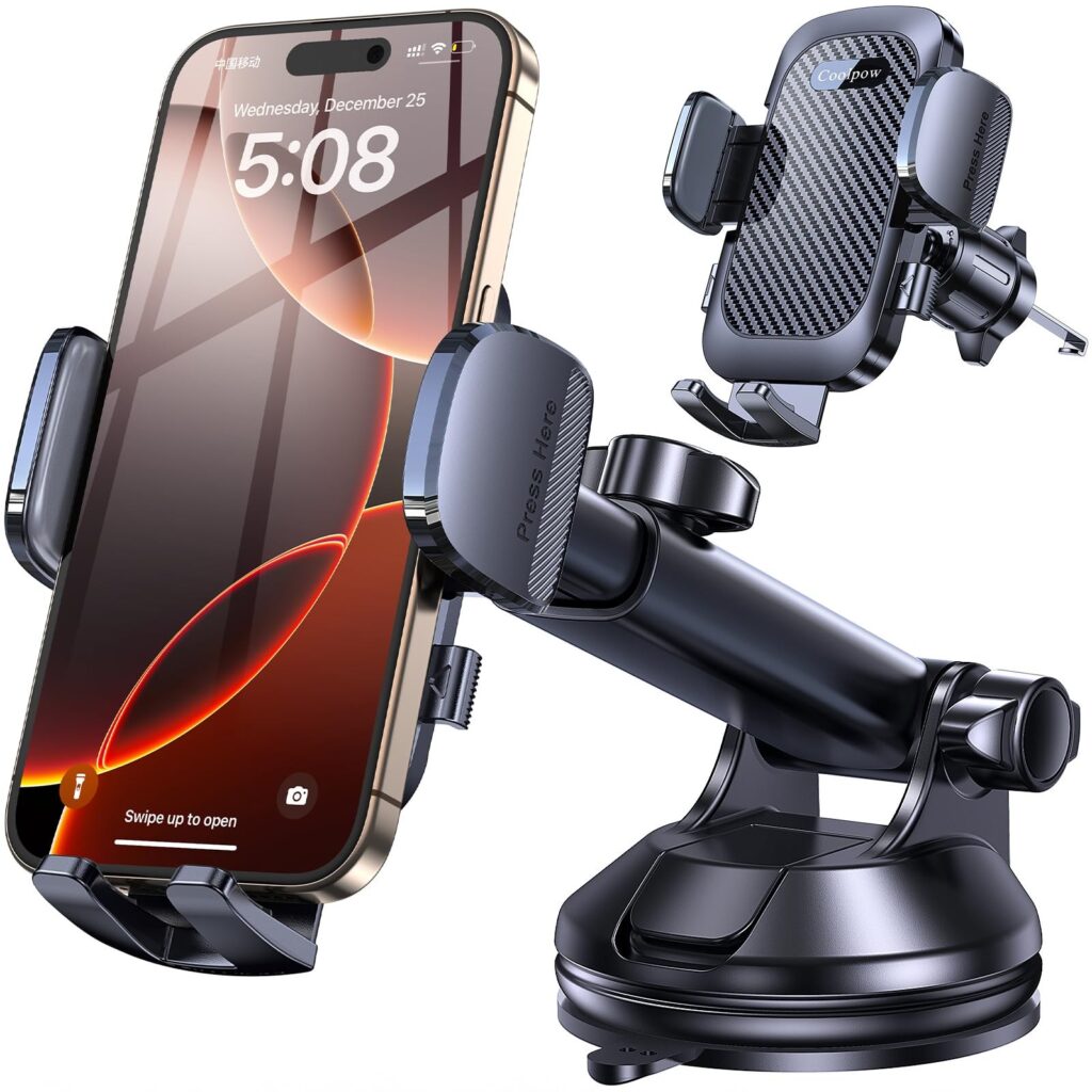 Coolpow Porta Cellulare Auto [Ventosa Ultra Potente] Supporto Telefono Auto | Porta Telefono Auto Universale Parabrezza/Presa D'aria/Cruscotto,Portacellulare Accessori Auto con iP…