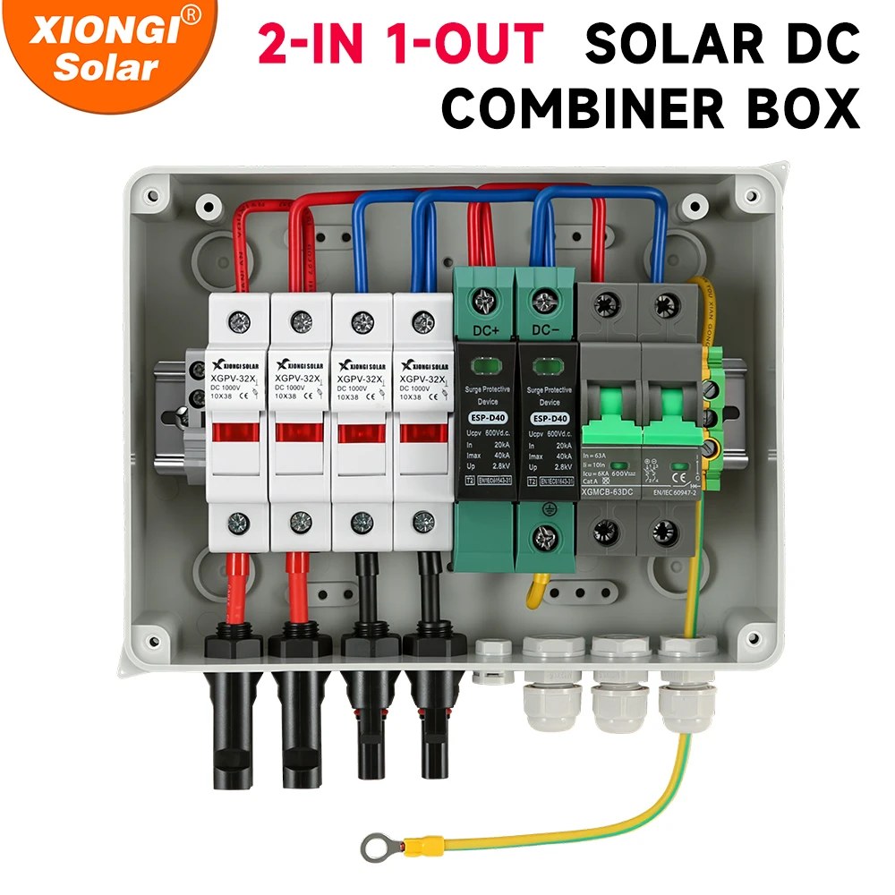 Scatola di combinazione fotovoltaica solare con cavo di messa a terra e protezione contro i fulmini, 2 ingressi 1 uscita, fusibile DC 600V, MCB, SPD, scatola impermeabile IP65