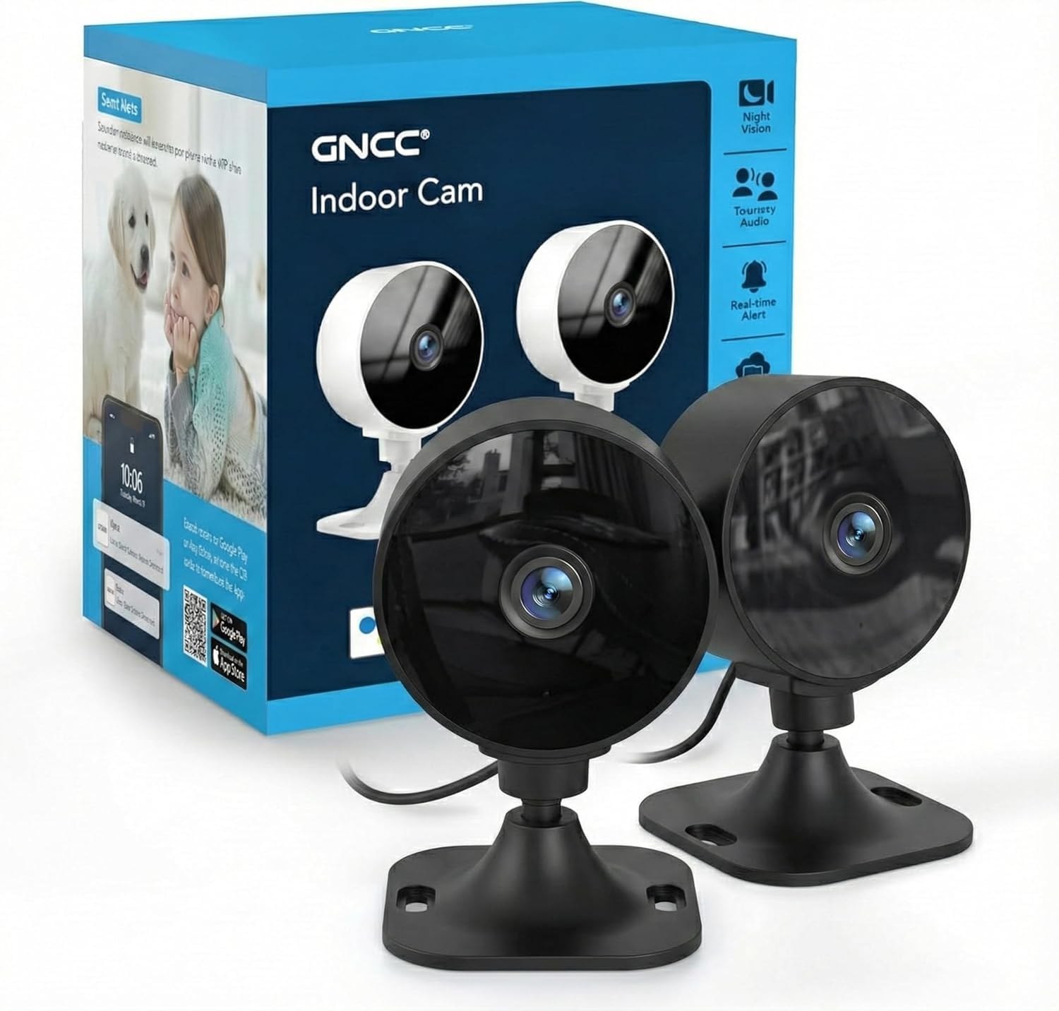 GNCC GC3 Telecamera WiFi Interno Fisso, 2,4 GHz, Plug-in, Nero, 2PCS | Rilevamento di Movimento, Installazione Facile, Monitoraggio Animali Domestici, Notifica APP, Audio Bidirezi…