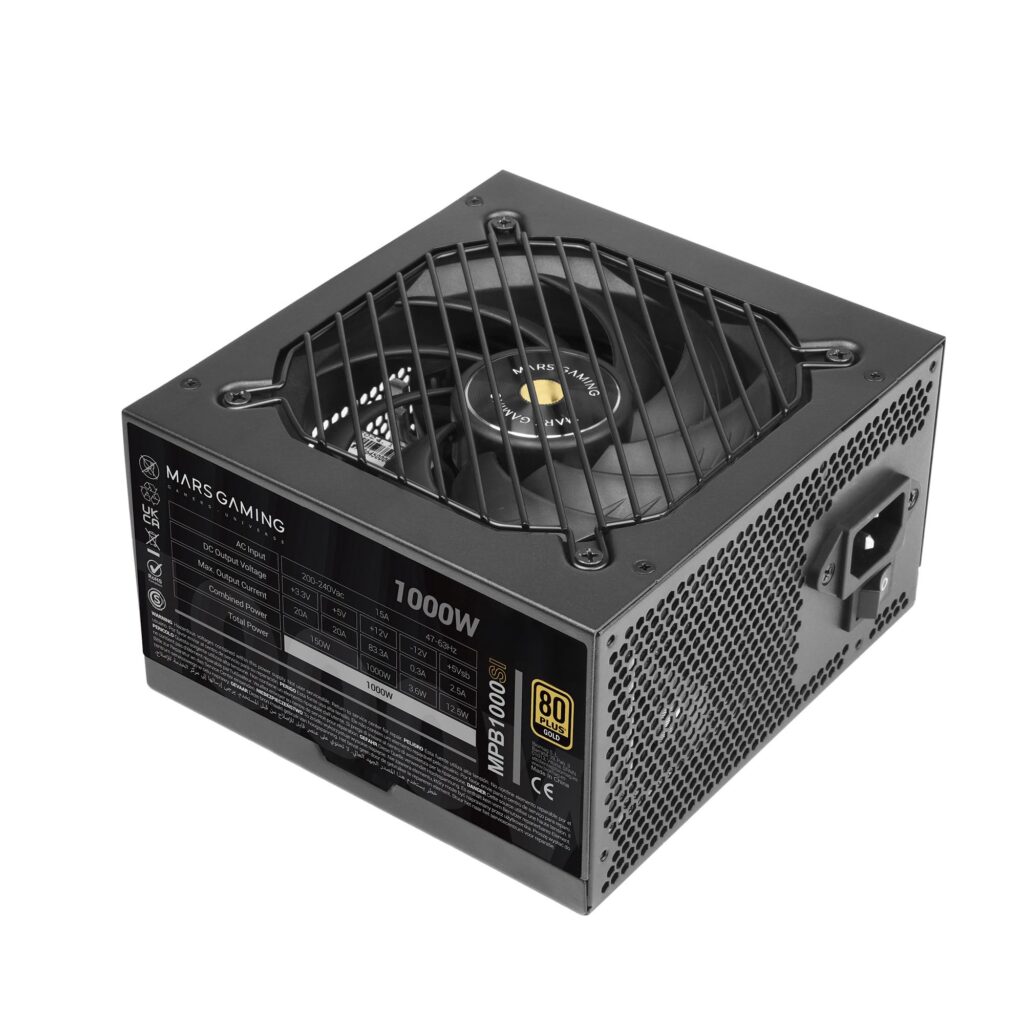 Mars Gaming MPB1000SI Alimentatore PC ATX 1000W 7 Anni di Garanzia | 80Plus Gold 90%, Ventola SI, AI2-RPM, DC-DC e SMD, ATX 3.1, Condensatori Giapponesi 105°C, Cavi Fibra Carbonio…