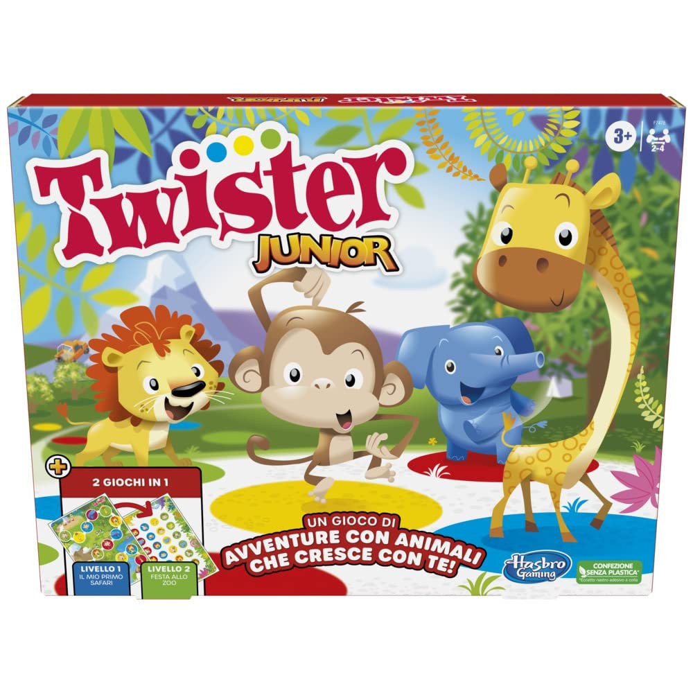 Hasbro Gaming Twister Junior, Gioco da Tavolo con Tappetino Fronte-Retro, 2 in 1, Multiplayer 2 a 4 Giocatori, Giochi Classici per Festa in Famiglia per Bambini e Bambine da 3 Anni