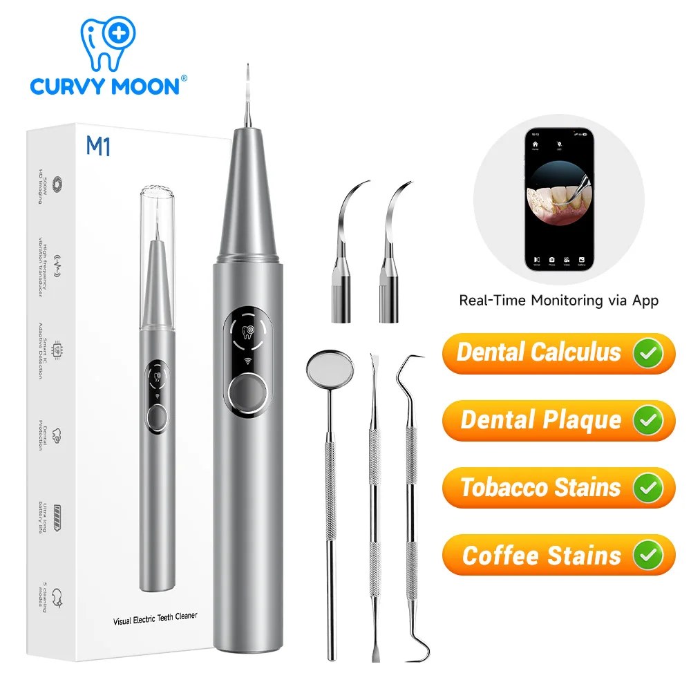 CURVY MOON Pulitore Dentale Elettrico a Ultrasuoni Visibile con Telecamera, Rimuovi Tartaro, Strumento per la Pulizia delle Macchie Dentali, Cura e Sbiancamento dei Denti