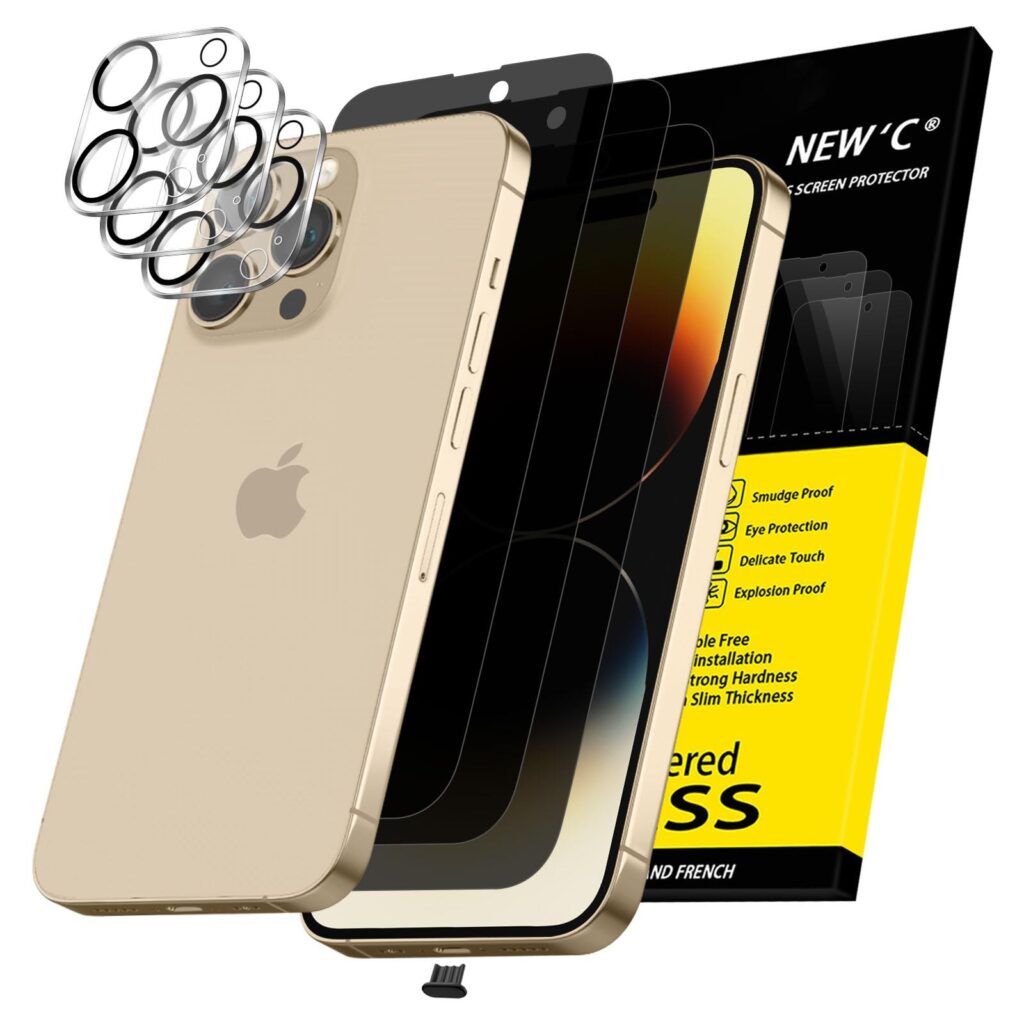 NEW'C Vetri Temperati per iPhone 14 Pro Max + Protezione Fotocamera | Set da 6, 3x Pellicola Privacy + 3x Protezioni Fotocamera, Nero, Vetro Temperato, Privacy 28°