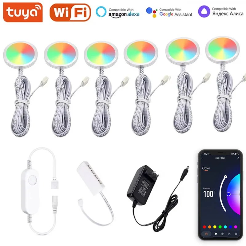 DC12V Tuya WIFI RGB LED sotto l'armadio luce dimmerabile Puck Light Festival bancone della cucina arredamento per mobili Alice Alexa Google Home