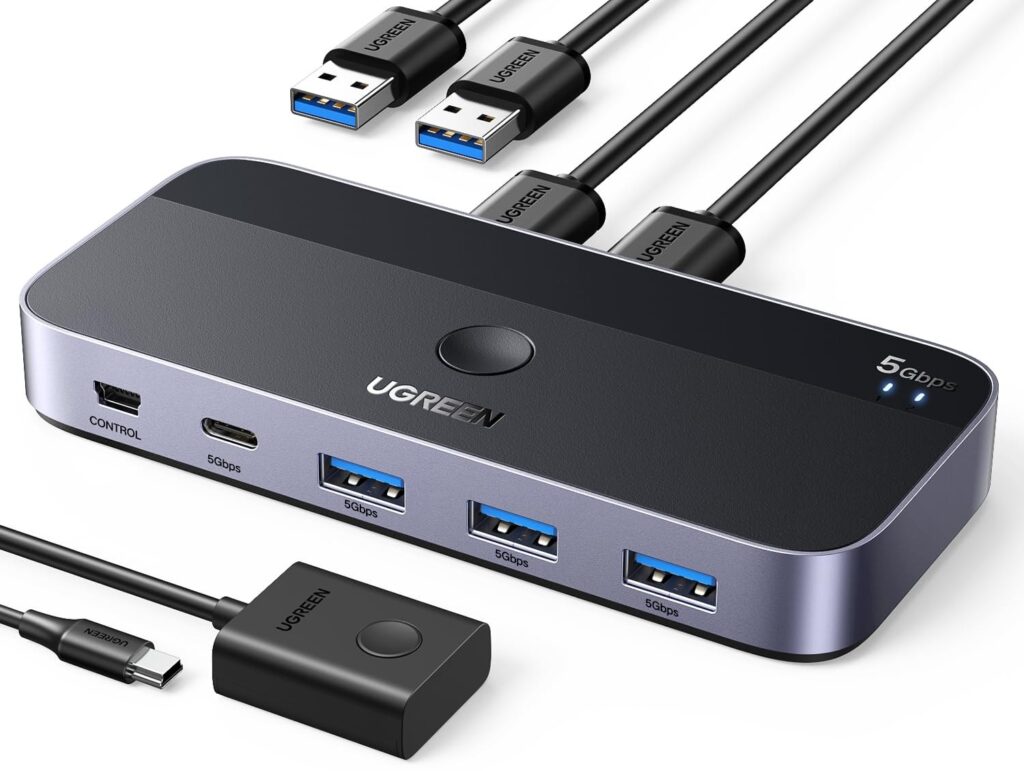 UGREEN 5 Gbps 4 Porte Switch KVM USB 3.0 a 2 in 4 Out Switcher | 2 PC Condividono Quattro Periferiche, per Tastiera, Mouse, Stampante, Hard Disk, con Controllo da Tavolo, Cavi 3.0…