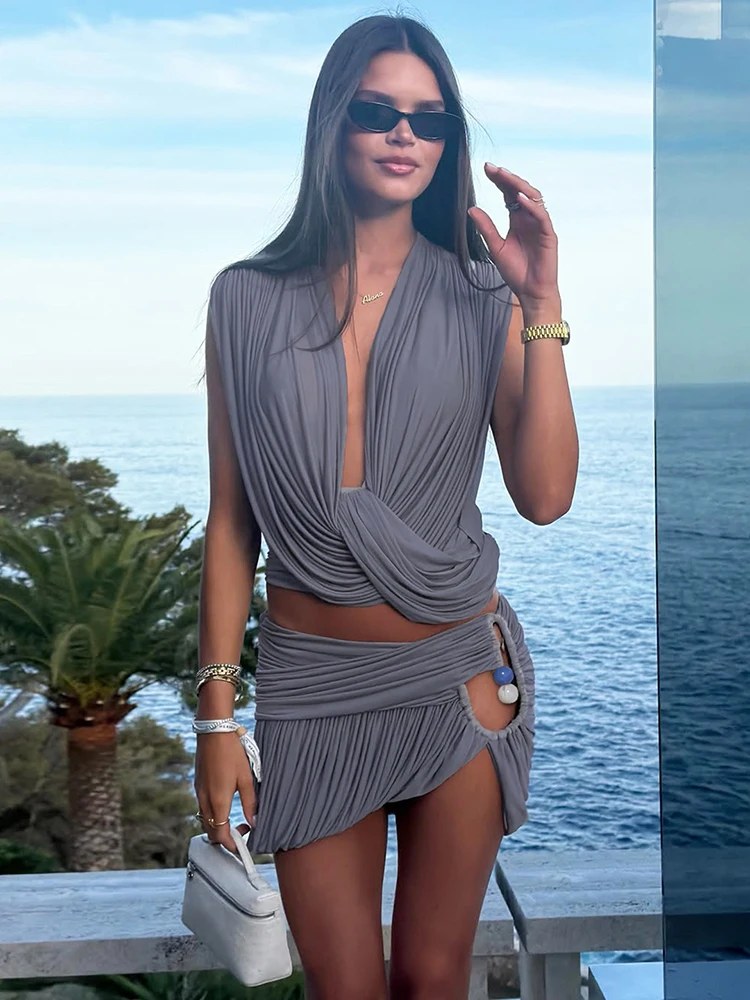 SIsterlinda Set di Moda a 2 Pezzi per Donna, Top Corto Sexy con Collo Arricciato e Schiena Scoperta + Minigonna con Decorazioni di Perline, Outfit Elegante
