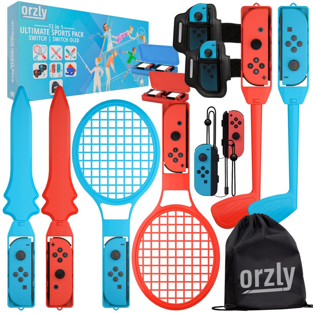 Orzly Switch Sports Pack Bundle di Accessori per Giochi Sportivi OLED per Nintendo Switch, Racchette da Tennis, Mazze da Golf, Spade Chambara, Cosciali da Calcio e impugnature e B…