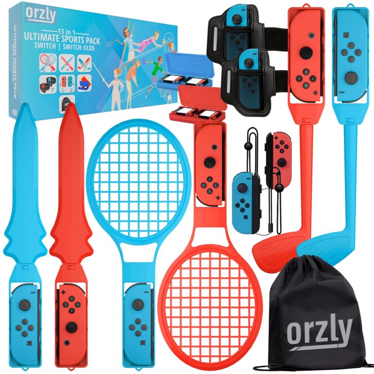 Orzly Switch Sports Pack Bundle di Accessori per Giochi Sportivi OLED per Nintendo Switch, Racchette da Tennis, Mazze da Golf, Spade Chambara, Cosciali da Calcio e impugnature e B…