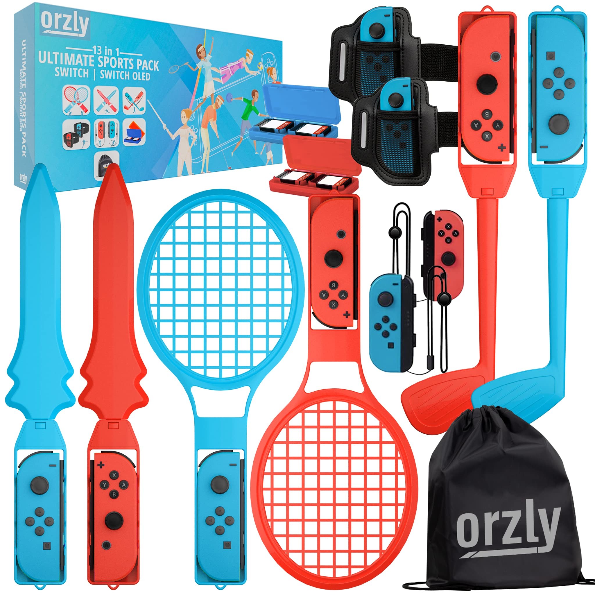 Orzly Switch Sports Pack Bundle di Accessori per Giochi Sportivi OLED per Nintendo Switch, Racchette da Tennis, Mazze da Golf, Spade Chambara, Cosciali da Calcio e impugnature e B…