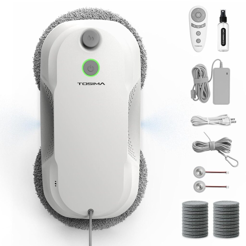 Tosima W5 Pro 6400 Pa Robot Lavavetri, Doppia Spruzzatura ad Ultrasuoni, Pulitore Automatico per Vetri, Telecomando, 20 Panni in Microfibra (Bianco)