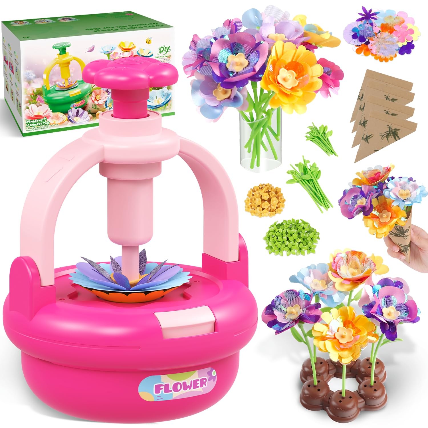 Kit Bouquet di Fiori in Stoffa per Bambine 4-8 Anni - Macchina DIY con Vaso | Petali, steli, centri e carta floreale da assemblare – attività riutilizzabile e regalo creativo da c…