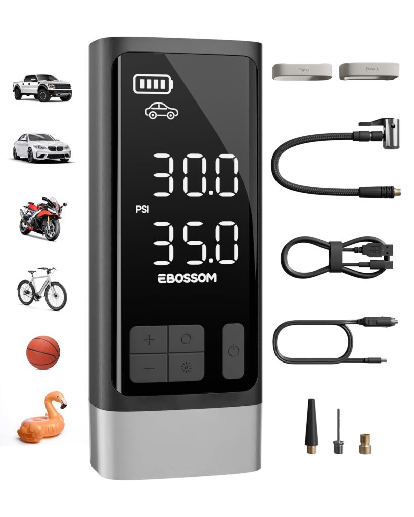 Compressore Aria Portatile Auto, Compressore 10,3Bar, Pompa D'aria Multifunzione a Motore Bicilindrico Con 2500 mAh, Kit Di Emergenza per Veicoli Grandi, Pick-up, Motori. Con Illu…