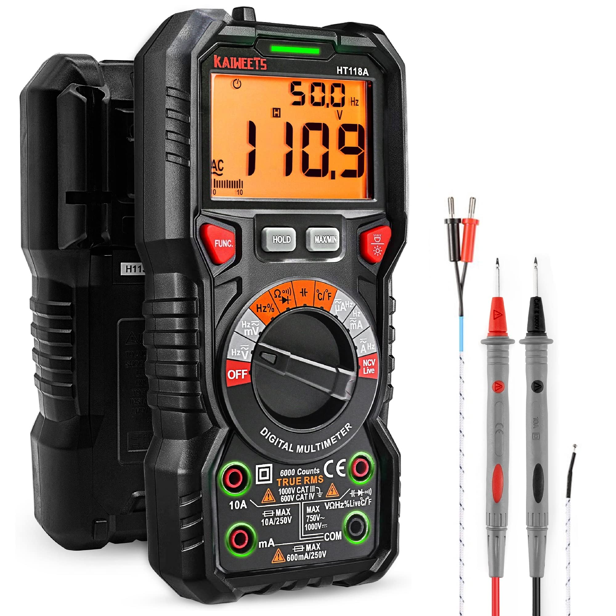 Multimetro digitale professionale automatico, TRMS 6000 Conti (prompt jack LED), Tester Elettrico, Tensione / Corrente / Resistenza / Capacità / Temperatura / Frequenza - KAIWEETS
