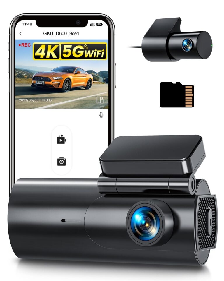 GKU 4K Dash Cam Auto, 5GHz WiFi Dashcam, Telecamera Auto con Scheda SD 64G | 170° Grandangolo, Visione Notturna, WDR, G-Sensor, 24H Monitor di Parcheggio, Registrazione in Loop, C…