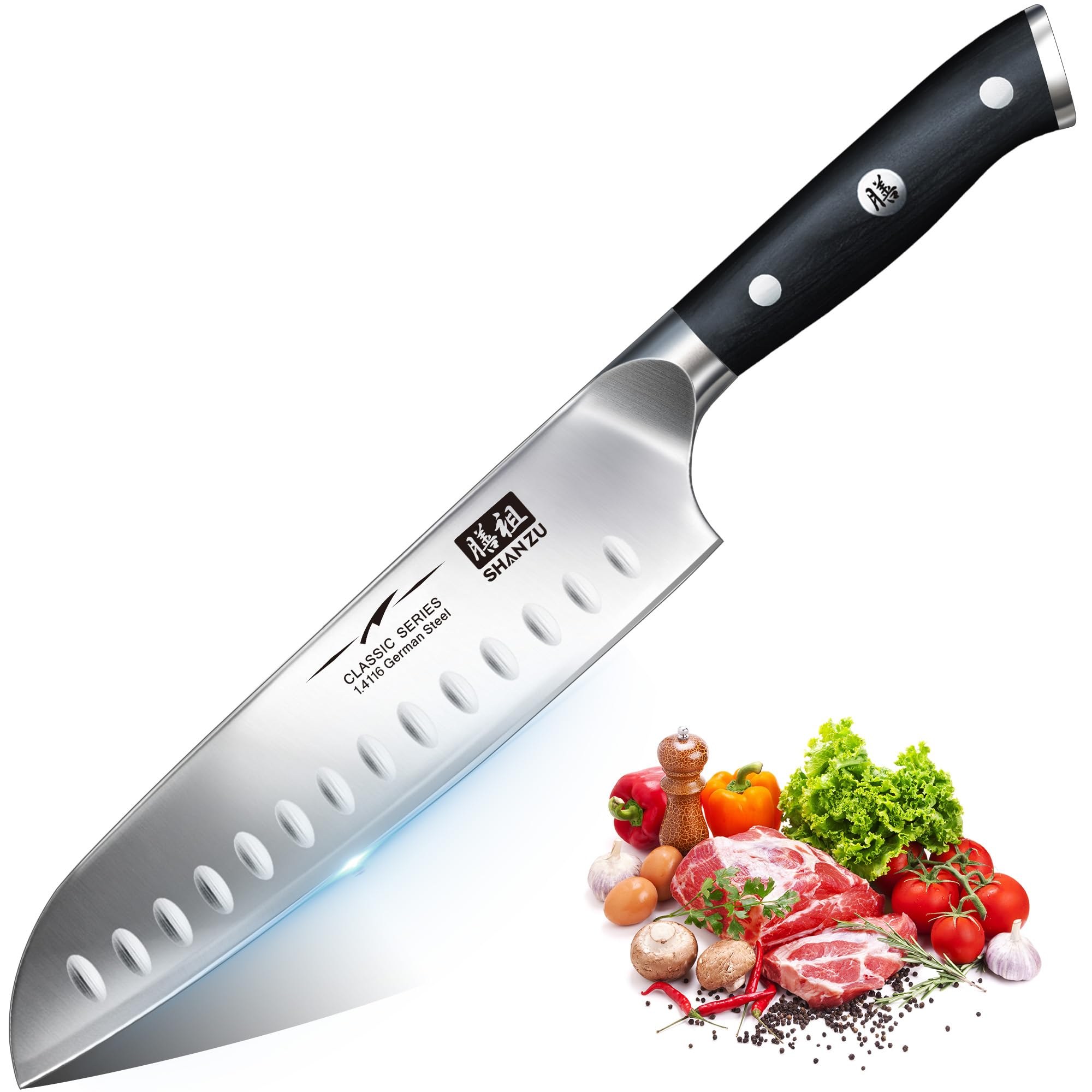 SHAN ZU Coltelli da Cucina Giapponese 18 cm Coltello da Chef Santoku Sovrapposti 3 Strati di Acciaio German Acciaio Inox Coltello da Cucina Affilata Coltello Multiuso con Manico i…