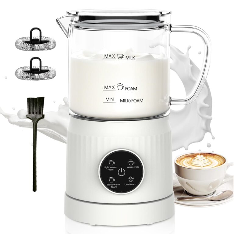 Montalatte Elettrico 4 in 1, Cappuccinatore Elettrico per Calda e Fredda, Scaldalatte in Vetro, Macchina Automatica per Caffè Latte, Cioccolata (Bianco)