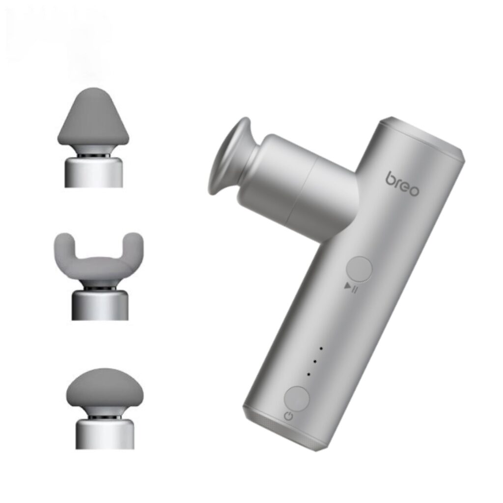 Breo S1 mini Pistola Massaggio Percussivo Muscolare, Argento | 4 livelli di intensità, 3 testine massaggianti rimovibili, potente e silenzioso, compatto per casa, ufficio e sport