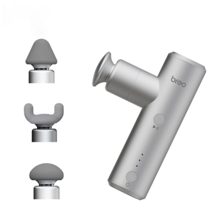 Breo S1 mini Pistola Massaggio Percussivo Muscolare, Argento | 4 livelli di intensità, 3 testine massaggianti rimovibili, potente e silenzioso, compatto per casa, ufficio e sport