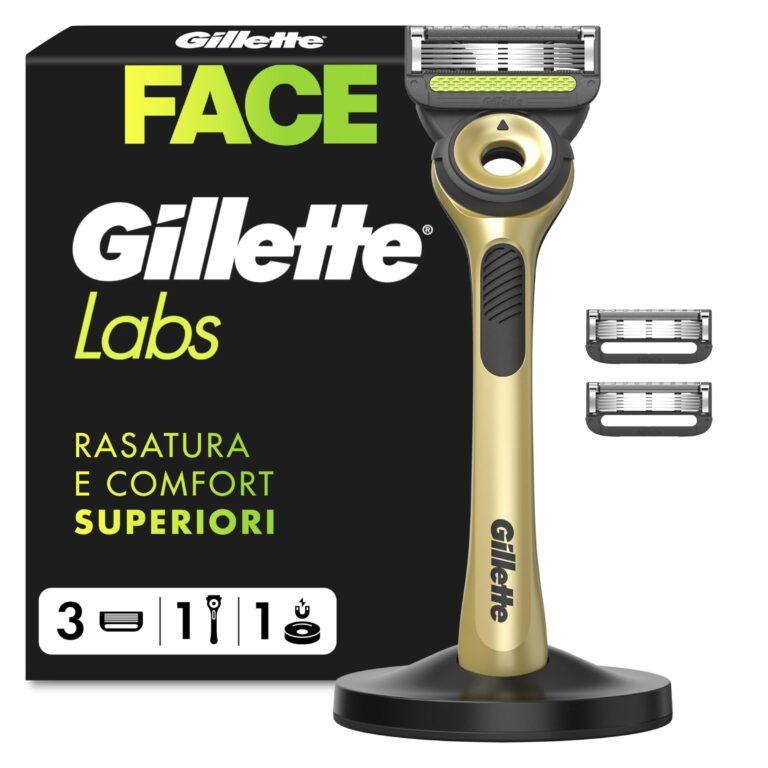 Gillette Labs Rasoio Champion Gold Edition con Pezzi di ricambio, 1 Manico Con Barra Scrub Integrata, 3 Lame Con Banda Lubrificante, 1 Supporto Magnetico