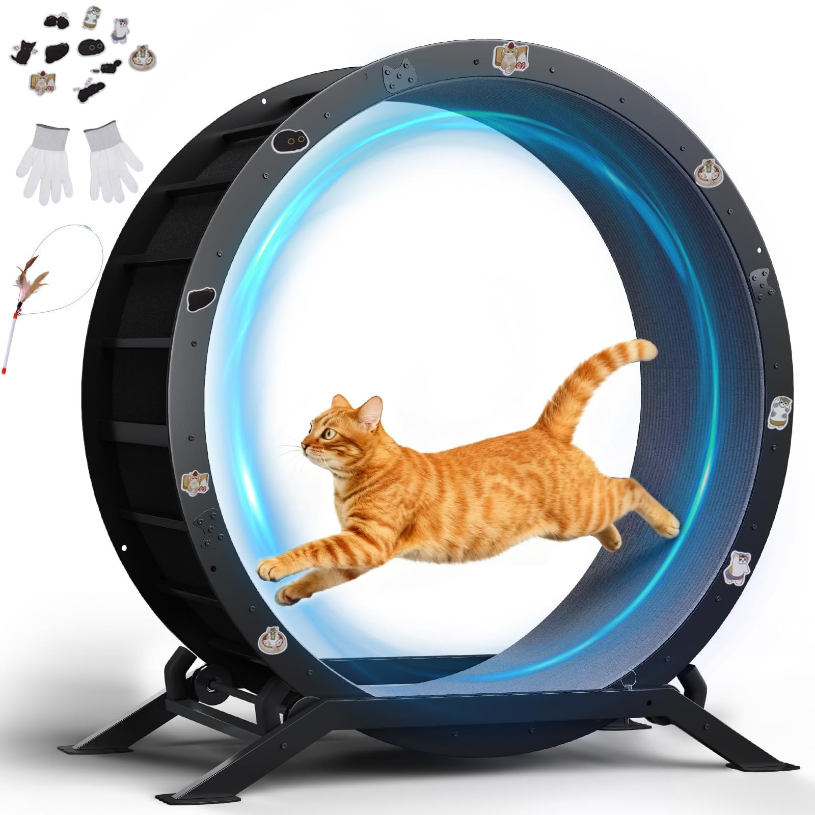 GTPLAYER Ruota per gatti, ruota per esercizi per gatti, XL- 100 cm, ultra silenziosa con tappetino rimovibile, adesivi, sistema di bloccaggio, metallo, nero, regali per il vostro…