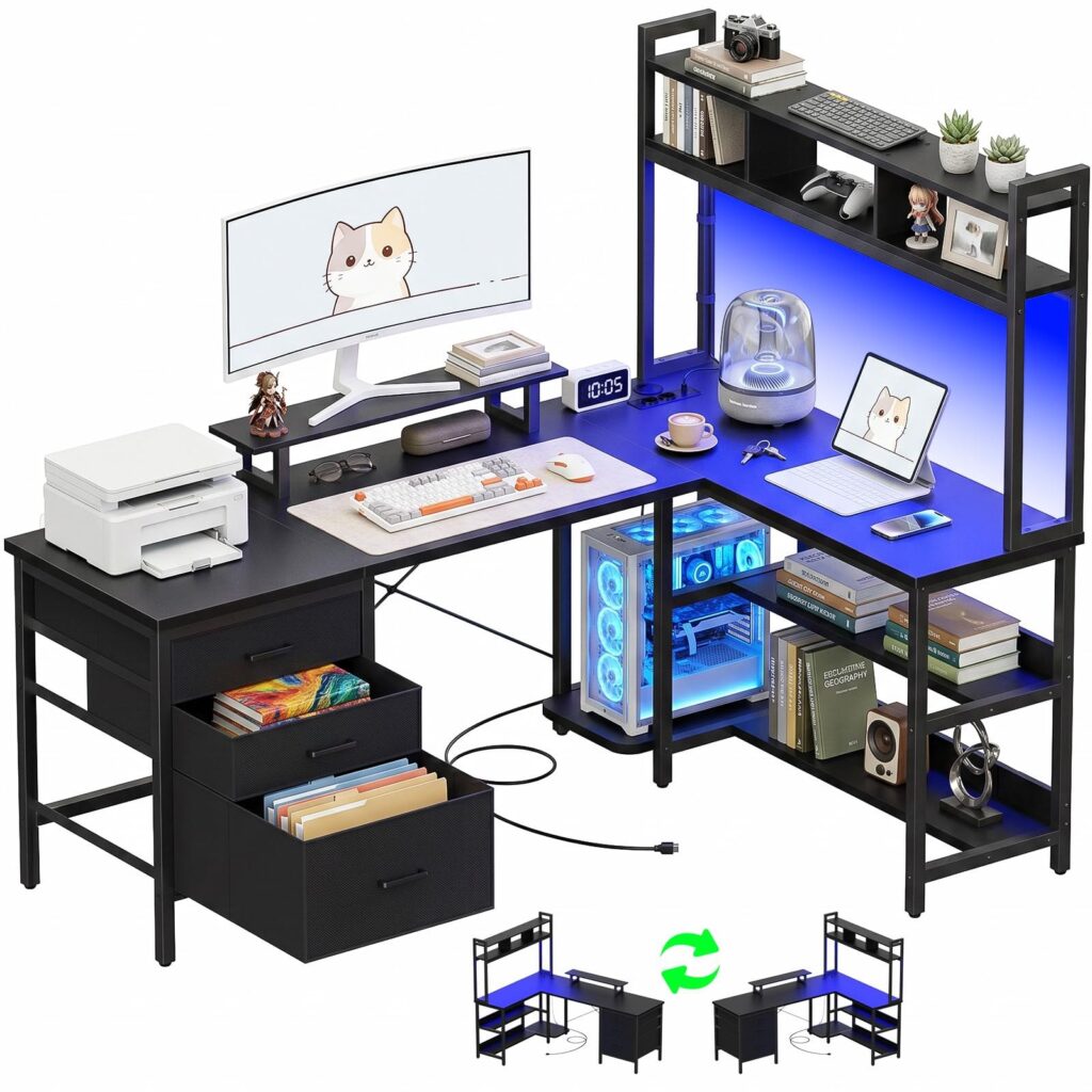 Homieasy Scrivania Gaming 150cm a L LED, Prese, Cassetti, Nero | USB &Type-C, Libreria, Supporto Monitor, Reversibile, Salvaspazio, Struttura in Metallo e MDF