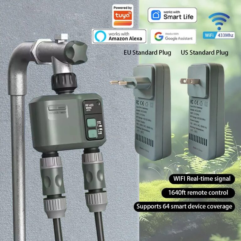 Timer per Irrigazione Intelligente Tuya Wifi+RF433 a 2 Uscite, Controllore per Irrigazione a Goccia con Ritardo per Pioggia, Programmabile, Compatibile con Tuya