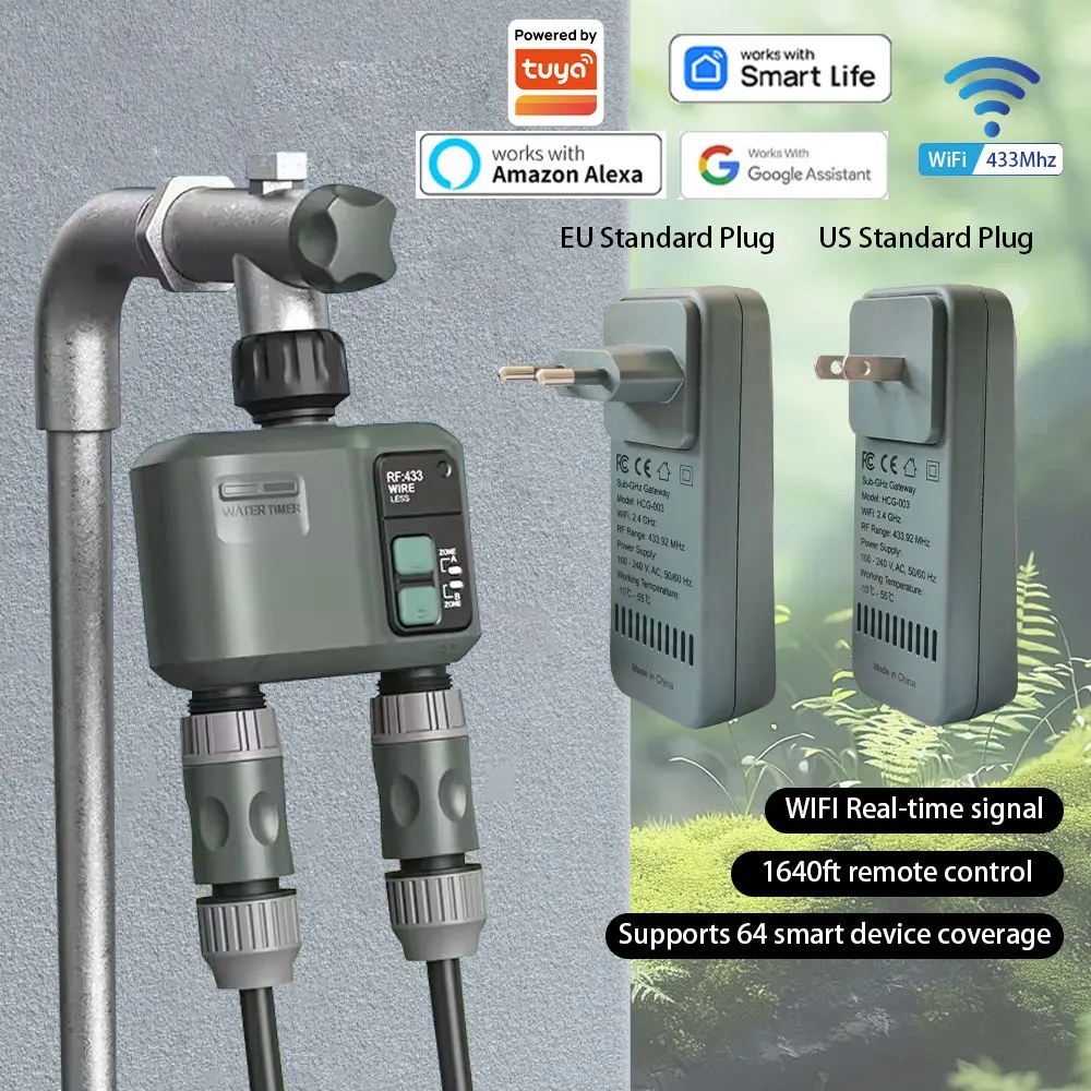 Timer per Irrigazione Intelligente Tuya Wifi+RF433 a 2 Uscite, Controllore per Irrigazione a Goccia con Ritardo per Pioggia, Programmabile, Compatibile con Tuya