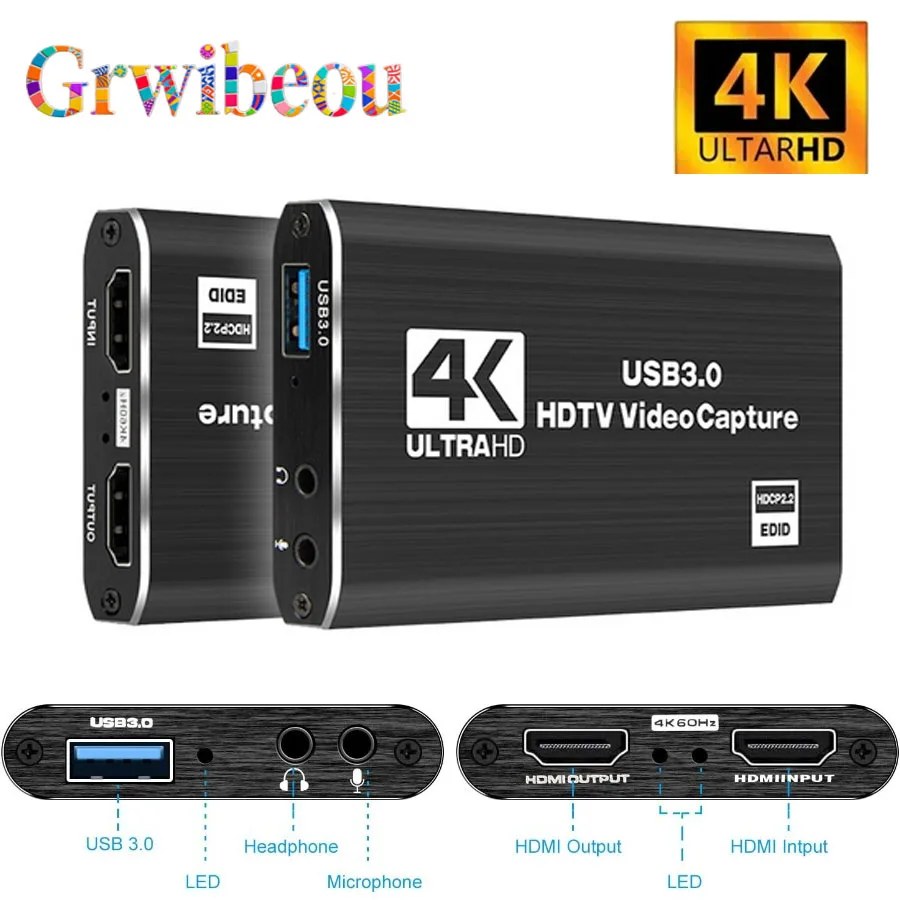 Scheda di acquisizione video USB 3.0 4K Videoregistratore HD 1080P compatibile HDMI Grabber per PC PS4 OBS Registrazione di giochi Gioco Audio Mic