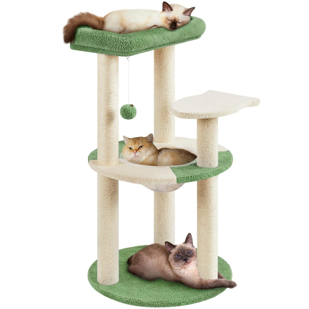 Yaheetech Albero Tiragraffi per Gatti Alto 90 cm, Verde Militare e Beige | Torre con trespolo imbottito, piattaforma a forma di pesce, tana trasparente, pallina appesa e pali in s…