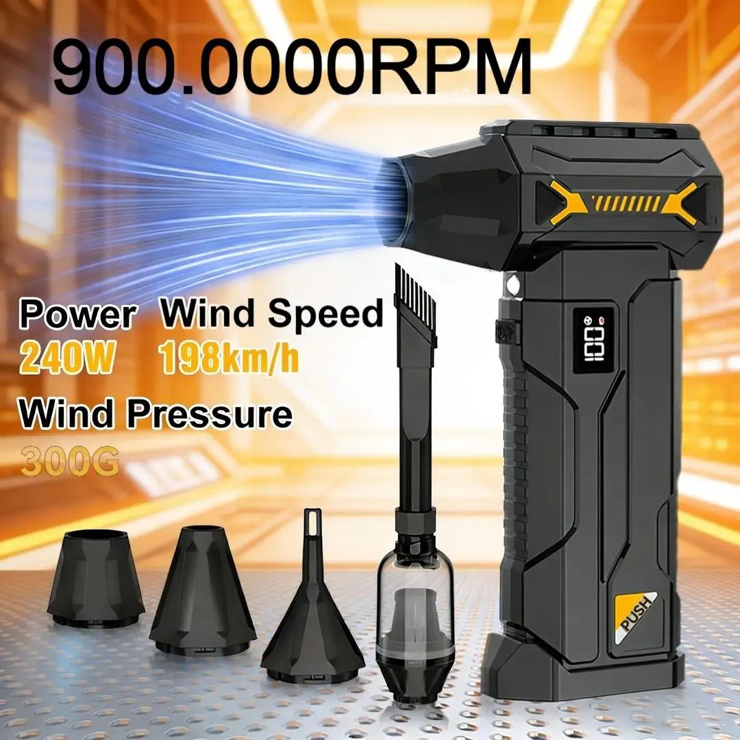 Ventilatore Turbo Brushless da 900.000 RPM, Soffiatore a Getto Senza Fili a 4 Velocità, Ricaricabile, per Tastiera, Auto, Animali Domestici, Neve, con Ugelli Multipli
