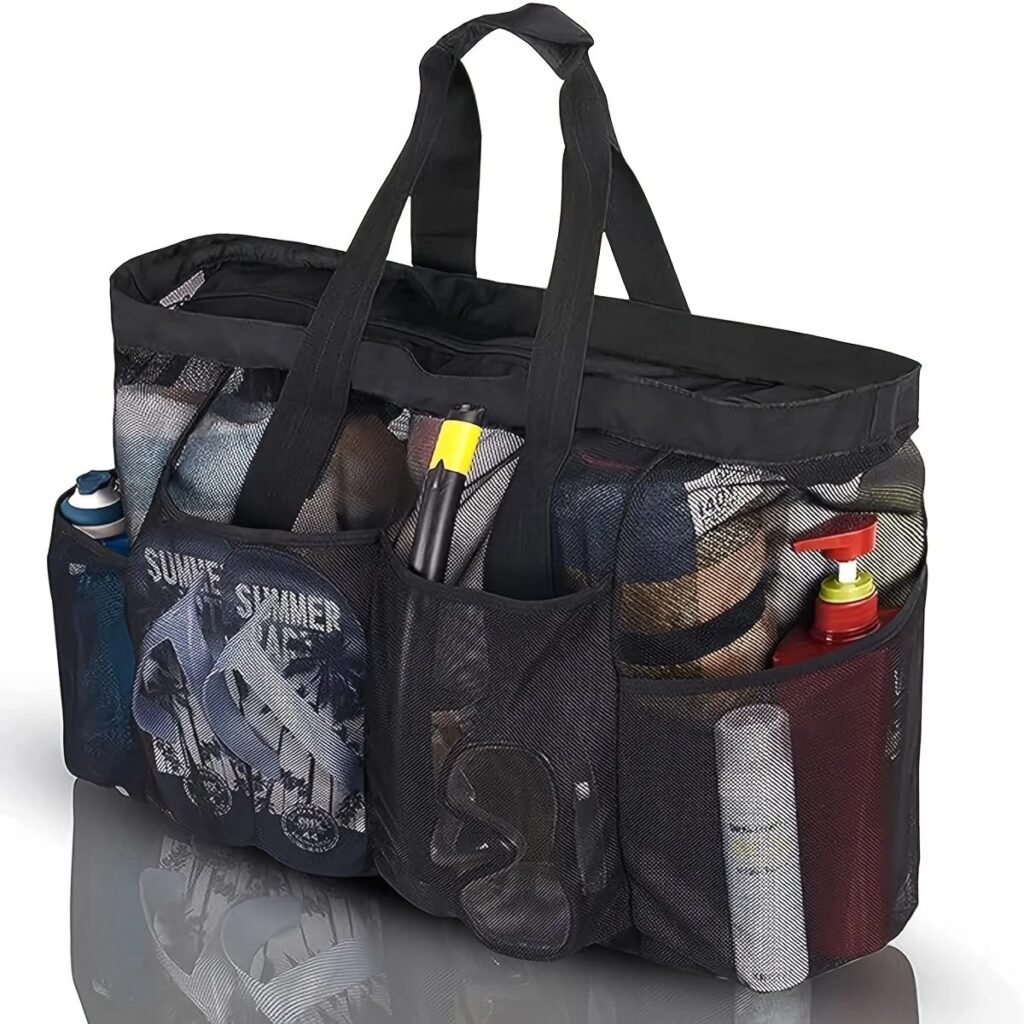 Borsa da spiaggia in rete extra large da 1 pezzo, borsa in rete traspirante con cerniera e tasche laterali, borsa organizer portatile di grande capacità