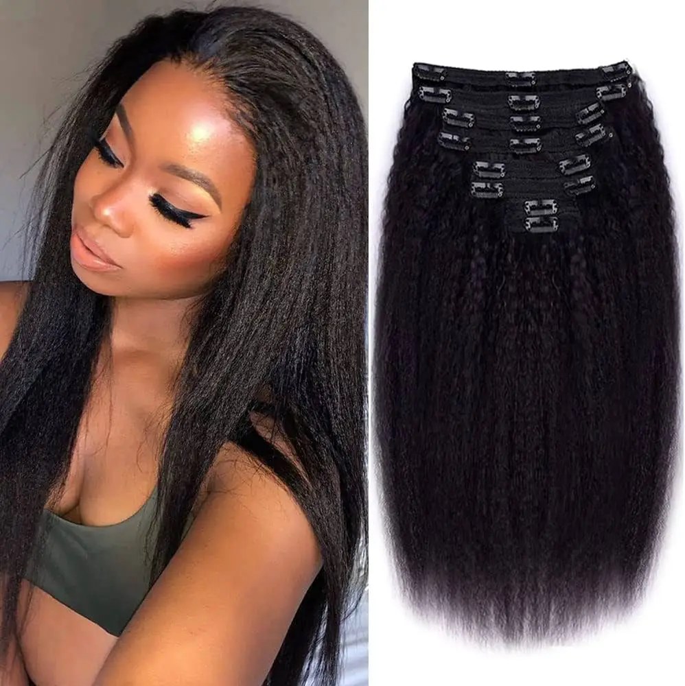 Clip diritte crespi nelle estensioni dei capelli umani Colore naturale in capelli umani Remy brasiliani al 100% 120G 8 pezzi / set Testa completa per le donne